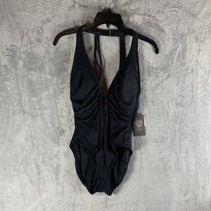 NWT Vince Camuto Swimsuit Womens 8 One Piece Plunge Black Strappy Back